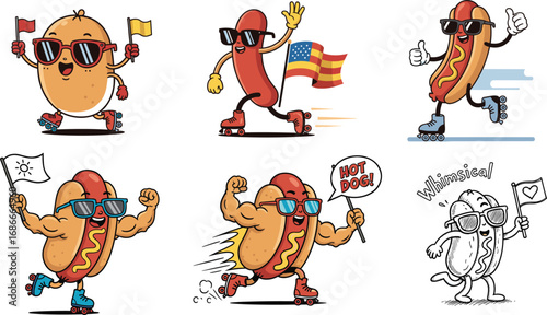 Funny hot dog cartoon, roller skating food character, cute hotdog mascot, sporty sausage illustration, whimsical fast food art, summer snack design