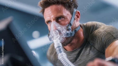 Man runs on treadmill wearing mask and weighted vest during fitness test at gym