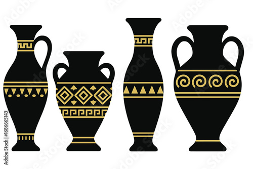Ancient Greek vases vector collection. Black and gold silhouette amphora set with classic geometric patterns. Antique Hellenic pottery urns. Decorative archeology icons.