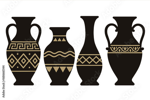 Ancient Greek vase silhouette set. Black and gold pottery collection with classic geometric patterns. Traditional amphora, urn shape. Ethnic ornament for decoration. Vector.