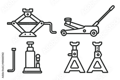 Automotive jack vector icon set for car repair and service. Flat outline illustration of vehicle lifting equipment. Includes scissor, floor, and bottle jacks and jack stands.