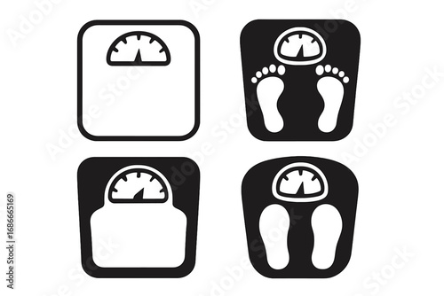 Weight scale icon set. Bathroom weigh measure concept. Diet, fitness, and health symbol. Body mass tool. Vector for obesity & lose weight. Healthy lifestyle illustration.