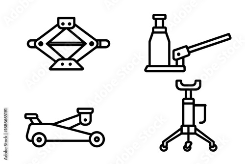 Automotive jacks line icon set. Car service tools for vehicle repair and maintenance. Vector graphic includes scissor, hydraulic bottle, floor, and transmission jacks. Lifting.