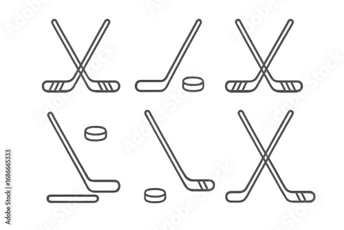 Set of hockey sticks and pucks line icons. Ice hockey sport equipment collection. Minimal vector illustration. Simple black and white symbol for game, team, competition design.