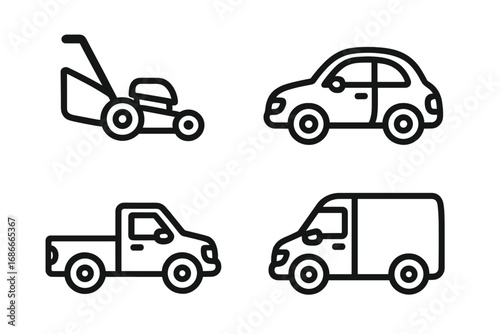 Vehicle and gardening equipment line icon set. Car, pickup truck, delivery van and lawn mower symbols. Simple vector outline illustration for transport or landscaping service.