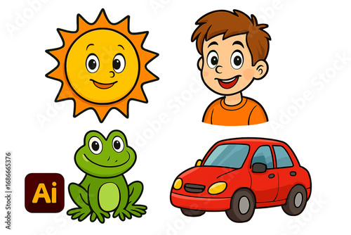 Cute cartoon vector illustration set for kids. Collection of simple drawings: smiling sun, happy boy, green frog, and red car. Isolated design elements for children.