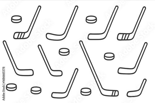 Ice hockey seamless pattern. Vector background with sticks and pucks. Winter sport equipment texture. Game concept. Minimalist black and white line art cartoon illustration set.