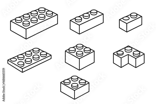 Building blocks vector icon set. Outline collection of interlocking plastic bricks. Isometric constructor for kids game. Toy construction elements for creativity and education.
