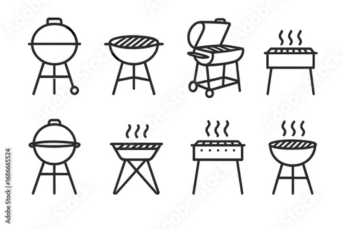 Linear barbecue grill icons set with various grilling designs. Vector cartoon illustration of different BBQ styles for outdoor cooking, picnic, and cookout. Charcoal grill concept.
