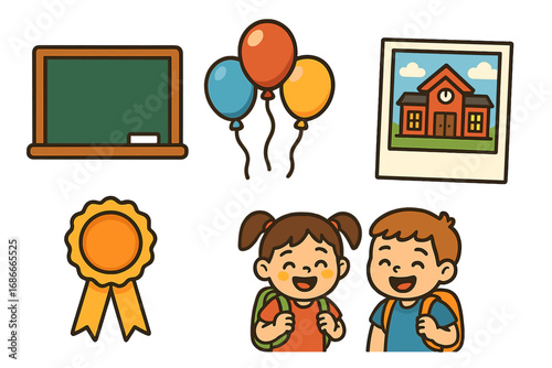 Back to school vector icon set. Cute cartoon children, students with backpacks. First day of school celebration with balloons, chalkboard, award ribbon and school photo.