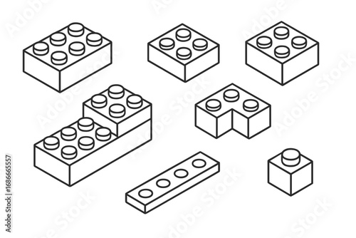 Linear building blocks collection. Outline designs of interlocking bricks. Vector cartoon illustration. Isometric toy constructor parts set for games. Plastic details concept.