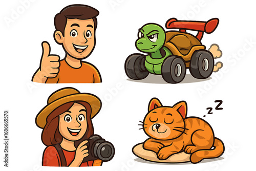 Vector cartoon characters set. Man thumbs up, fast turtle in race car, woman photographer with camera, and cute sleeping cat. Collection of funny mascots and people icons.