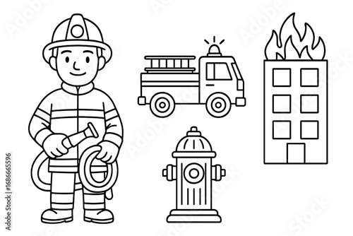 Firefighter hero character line art icon set. Vector cartoon illustration with firetruck, hydrant, and burning building. Emergency rescue and fire safety concept for coloring.