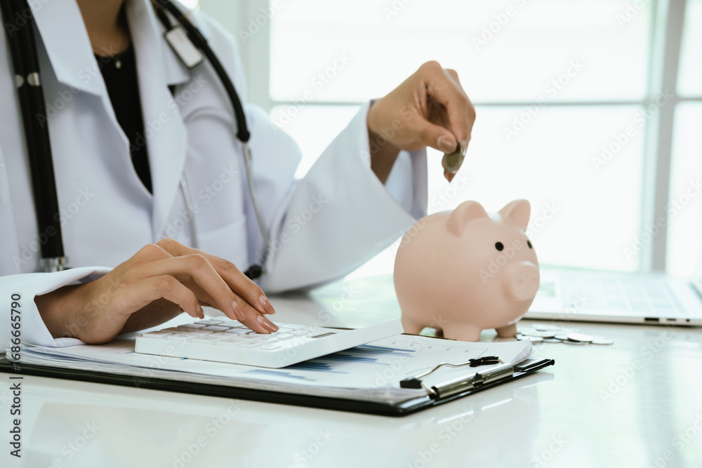 Fototapeta premium A piggy bank with a stethoscope symbolizes health insurance, medical savings, financial planning, protection, and investment for future security.