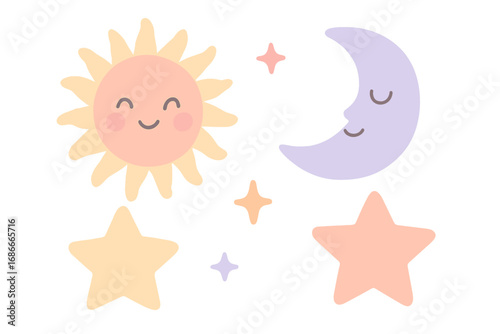 Cute celestial collection with sun, moon, stars. Kawaii cartoon characters for baby shower. Vector illustration set in pastel colors. Nursery decor elements. Sleepy sky symbols.
