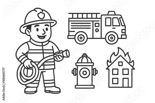 Firefighter line art icon set. Cartoon fireman hero with hose, fire truck, hydrant, burning house. Emergency service rescue vehicle. Professional occupation vector for kids coloring.