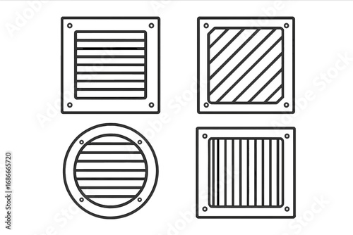 Minimalist linear style vent covers collection for industrial design. Vector illustration of square and round ventilation grilles. Set of HVAC air duct cover icons. Metal grate.
