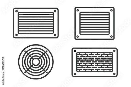 Industrial vent covers and ventilation grilles icon set. Minimalist linear design for air conditioning and cooling systems. Technical HVAC exhaust fan grid. Vector elements.