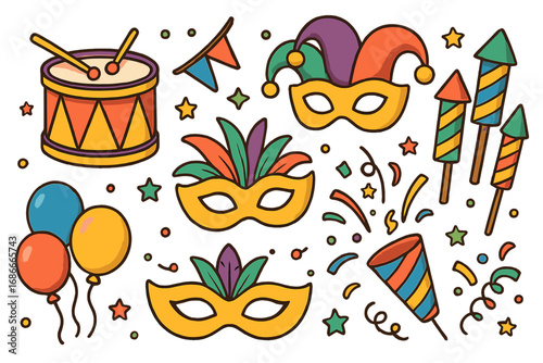 Festive celebration vector elements set. Carnival party icons for holiday and festival design. Isolated clip art of mask, drum, balloons, fireworks, and confetti popper.