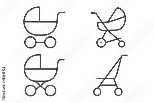 Baby carriage and stroller icon set. Minimalist line art vector illustrations of prams and pushchairs. Newborn and infant transport symbols for parenting and childcare concepts.
