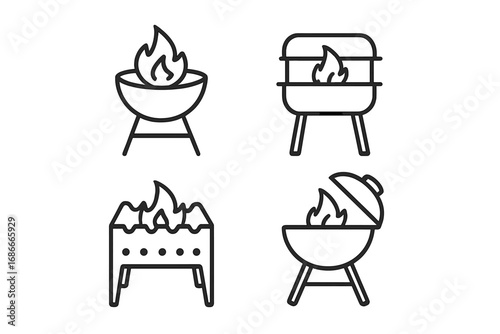 BBQ grill and fire pit icon set. Minimalist line art collection of barbecue symbols. Simple vector outline illustration for summer cookout, picnic, restaurant menu or logo design.