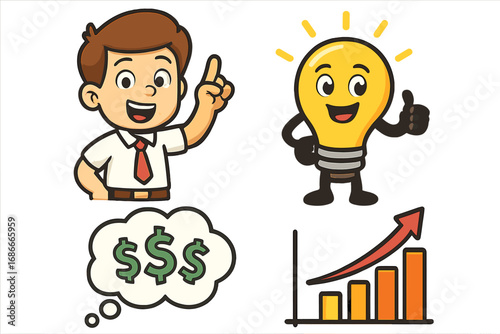 Business idea and financial success vector icon set. Cartoon businessman with lightbulb, money thought bubble, and growth chart. Concept of innovation, profit, and startup.