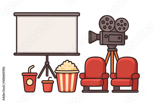 Cinema movie night elements set. Retro film camera, projector screen, theater seats, popcorn and soda drink. Vector illustration concept for film festival, premiere, show.
