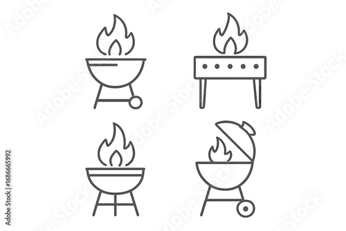 BBQ grill icons set. Minimalist line art barbecue and fire pit symbols. Vector outline pictogram collection for outdoor cooking, picnic, and summer party concepts. Charcoal.
