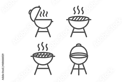 Minimalist BBQ grill icons. Simple line art for cooking designs. Vector charcoal barbecue symbol set. Hot smoke and outline kettle illustration for picnic or food menu.