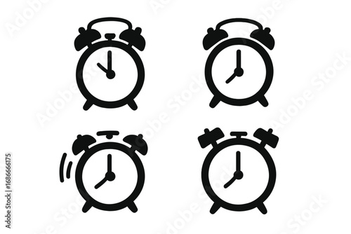 Alarm clock icon set. Minimalist black silhouettes. Time, timer, watch symbol collection. Wake up, morning alert, and deadline concept. Ringing clock. Vector illustration.