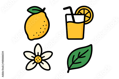 Lemon fruit icon set with juice, flower and leaf. Fresh citrus lemonade drink in glass with straw. Cartoon vector illustration for summer beverage, food sticker or nature logo.