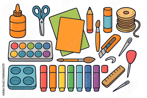 Art supplies and craft tools set for creativity and hobby. Back to school stationery collection. DIY project elements. Flat cartoon vector illustration. Isolated objects.
