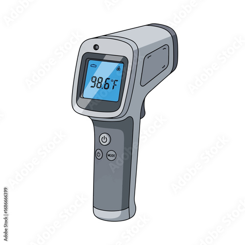 Cartoon illustration of a digital non-contact infrared thermometer gun displaying a normal body temperature of 98.6°F.