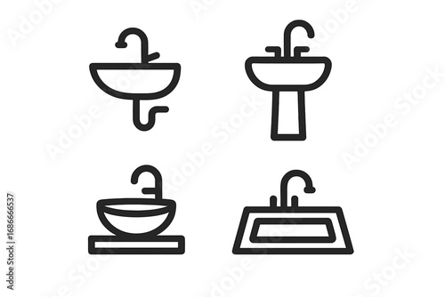 Minimalist bathroom sink icon set. Black line art washbasin symbols. Vector collection of plumbing fixtures, lavatory, faucet, pedestal sink, and vessel sink for modern design.