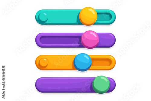 Bright 3D colorful slider icon set for user interface design. Vector cartoon illustration of UI control elements. Progress bar, adjustment level, settings toggle switch concept.