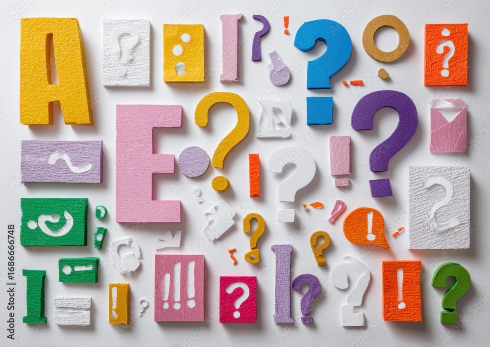 Naklejka premium An overhead shot of colorful, textured question marks, exclamation points, letters 'A' and 'E' scattered on a white surface. Various shapes present