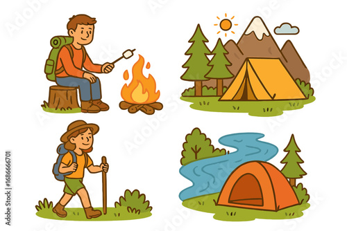 Camping and hiking vector illustration set. Cute cartoon icons of outdoor adventure elements. Man at campfire, woman hiking, tent in mountains by a river. Summer camp concept.