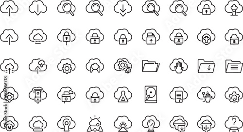 Collection of hand drawn cloud icons representing data storage services and technology concepts vector