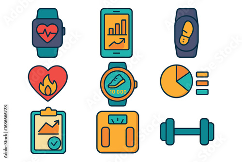 Vector fitness icon set. Health tracker app symbols. Smartwatch, heart rate, step counter, calories, weight scale, dumbbell. Workout data visualization & gym progress chart.