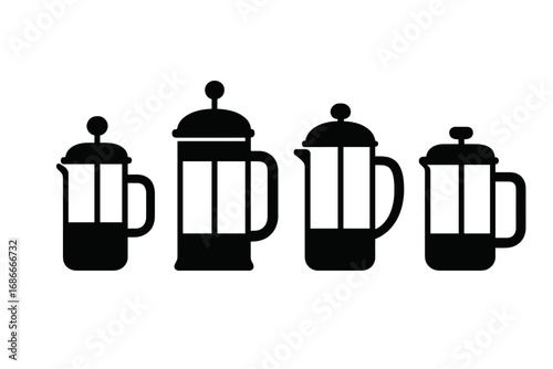 Minimalist coffee press silhouettes set for café or kitchen decor. Vector icon collection of French press brewing equipment. Isolated black symbols for barista or coffee lovers.