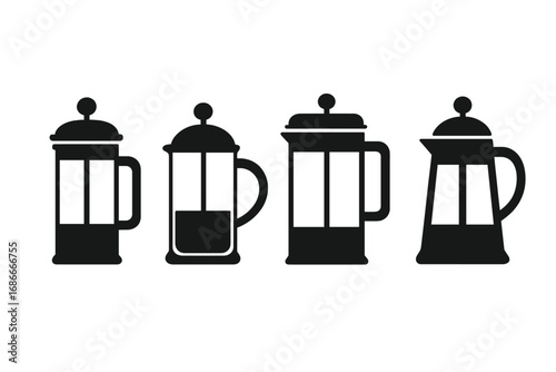 French press coffee maker minimalist silhouette icon set. Vector illustration of coffee brewing equipment. Utensil for kitchen or cafe menu. Barista tool for preparing hot drinks.