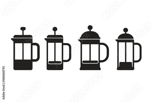 French press coffee maker silhouette icon set. Minimalist vector graphic for cafe menu or kitchen decor. Brewing equipment symbol. Hot beverage preparation concept illustration.