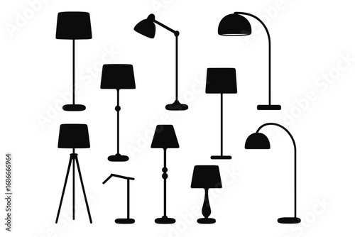 Set of floor lamp silhouettes. Modern minimalist lighting collection for interior design. Vector icons of various household lamps and light fixtures. Home decor and furniture elements.