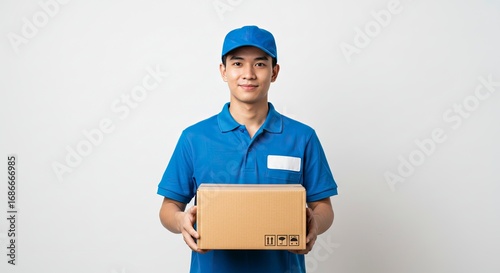 Delivery man in blue holds a brown box against a plain white background