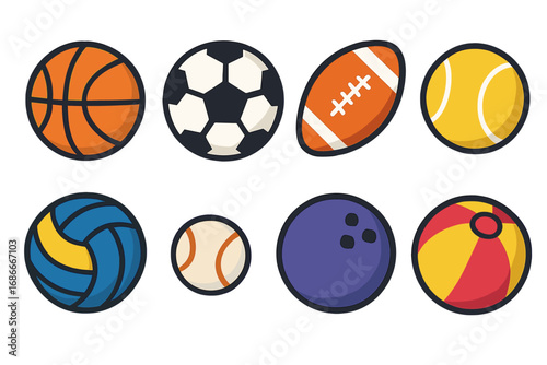 Sports ball collection vector icon set. Flat cartoon illustration of basketball, soccer, football, tennis, volleyball, baseball, bowling and beach ball. Sport equipment symbols.