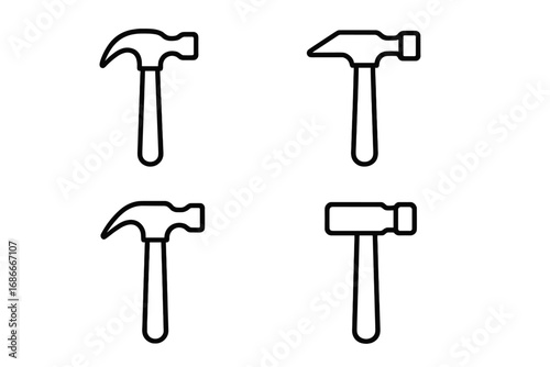 Hammer icon set. Minimalist line art of various tool designs. Vector illustration for construction, repair, and carpentry. Claw hammer, mallet, and sledgehammer symbols.
