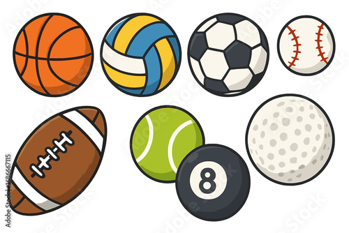 Vector sport balls collection. Flat cartoon icon set. Basketball, soccer, football, baseball, volleyball, tennis, golf, billiard. Sports equipment illustration isolated on white.
