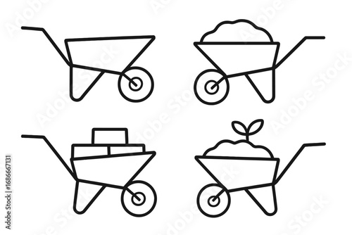 Wheelbarrow line art icon set for garden and construction. Vector illustration of empty cart, with soil, plant sprout, and bricks. Minimalist outline farming equipment.