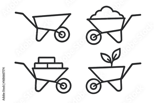 Wheelbarrow line art icon set for gardening and construction. Vector illustration of garden cart with soil, plant, and bricks. Minimalist outline symbol for farming or building.