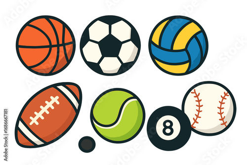 Sports balls vector icon set. Flat design cartoon illustration collection. Basketball, soccer, football, volleyball, tennis, baseball, billiard 8-ball icons for game or competition.